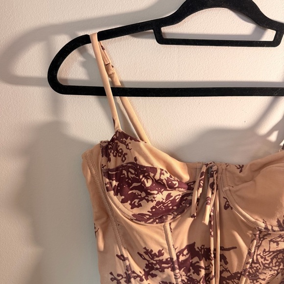 Tic Toc Tops - Tic Toc Corset Style Lace-Up Bustier Top Beige & Brown Print